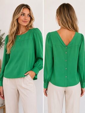 LOFT Emerald Green V-Back Button Blouse